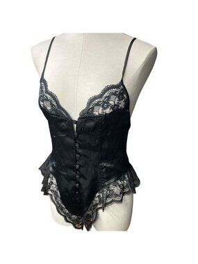 Val Mode Black Lace Satin Bustier Teddy With Button Front & Ruffle Details Size
